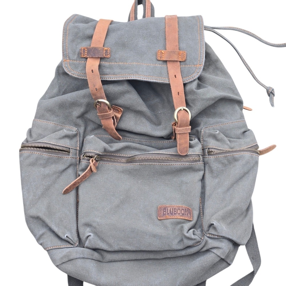 Bluboon Canvas Backpack Rucksack Leather Trim Olive Green Mens Bag